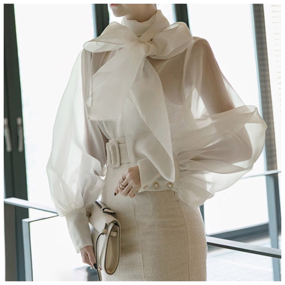 Black & White Sheer Organza Dramatic Bow Top - Picture 3 of 8